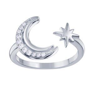 Sterling Silver 925 Rhodium Plated Cresent Moon and Star CZ Ring
